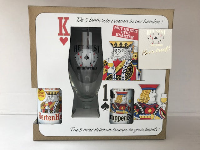 Belgian Beer gift box 5 x beers 1 x branded Glass & 1 pack of playing cards.